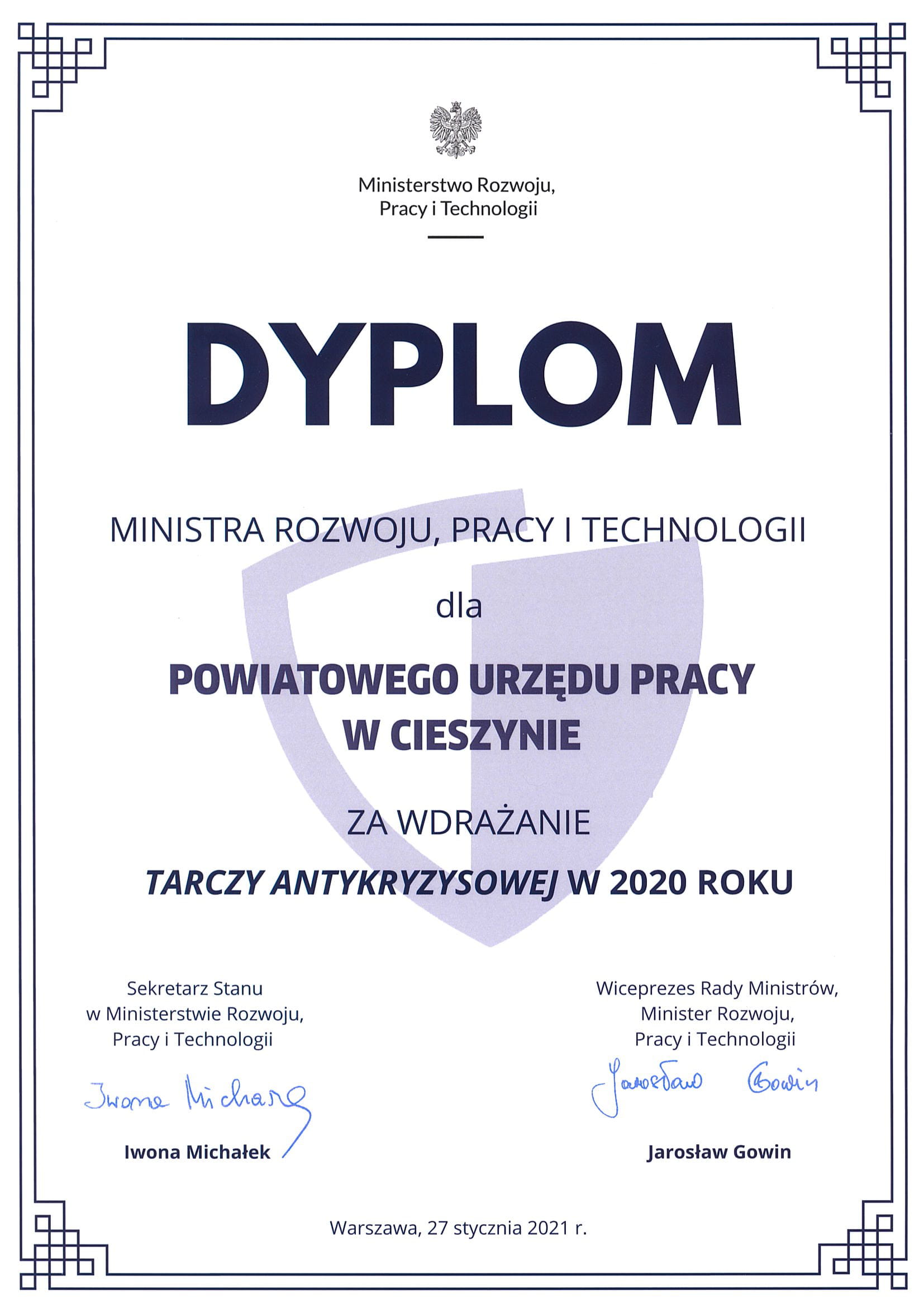 Dyplom Ministra Rozwoju, Pracy i Technologii dla Powiatowego Urzędu Pracy w Cieszynie