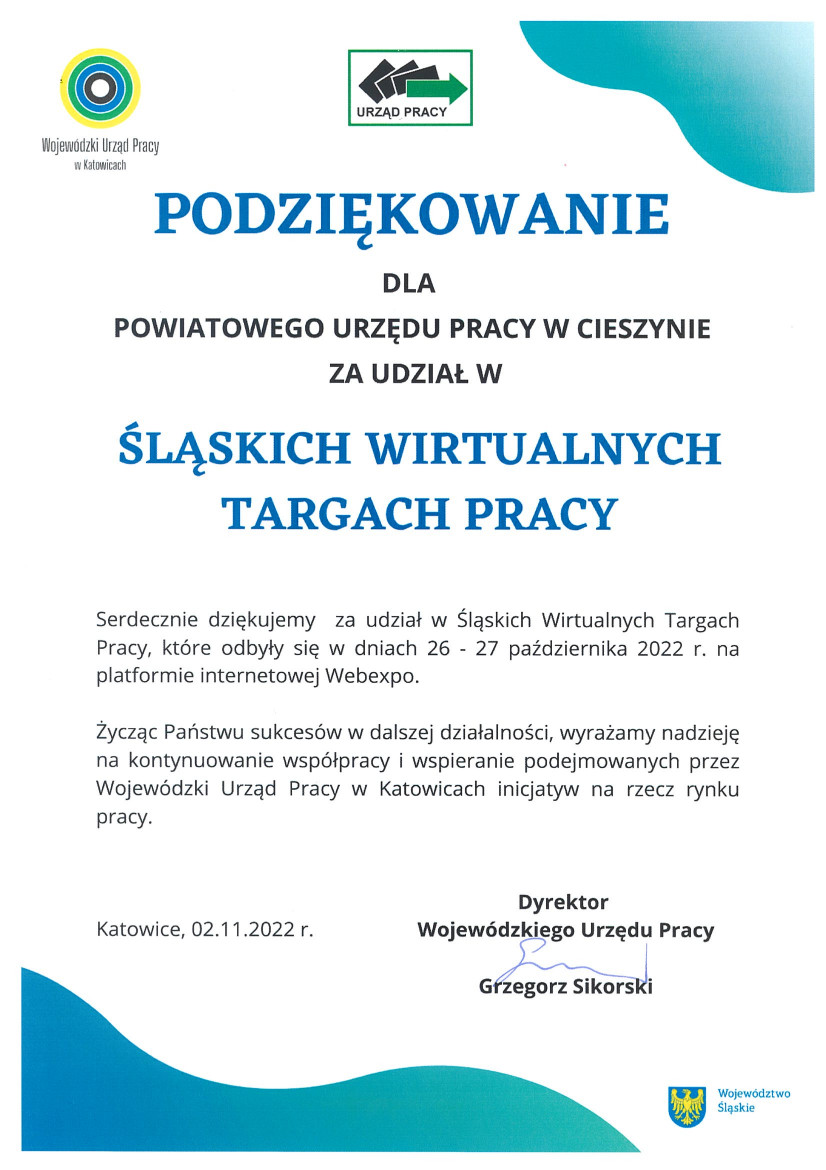 Podziękowanie dla Powiatowego Urzędu Pracy w Cieszynie za udział w Śląskich Wirtualnych Targach Pracy