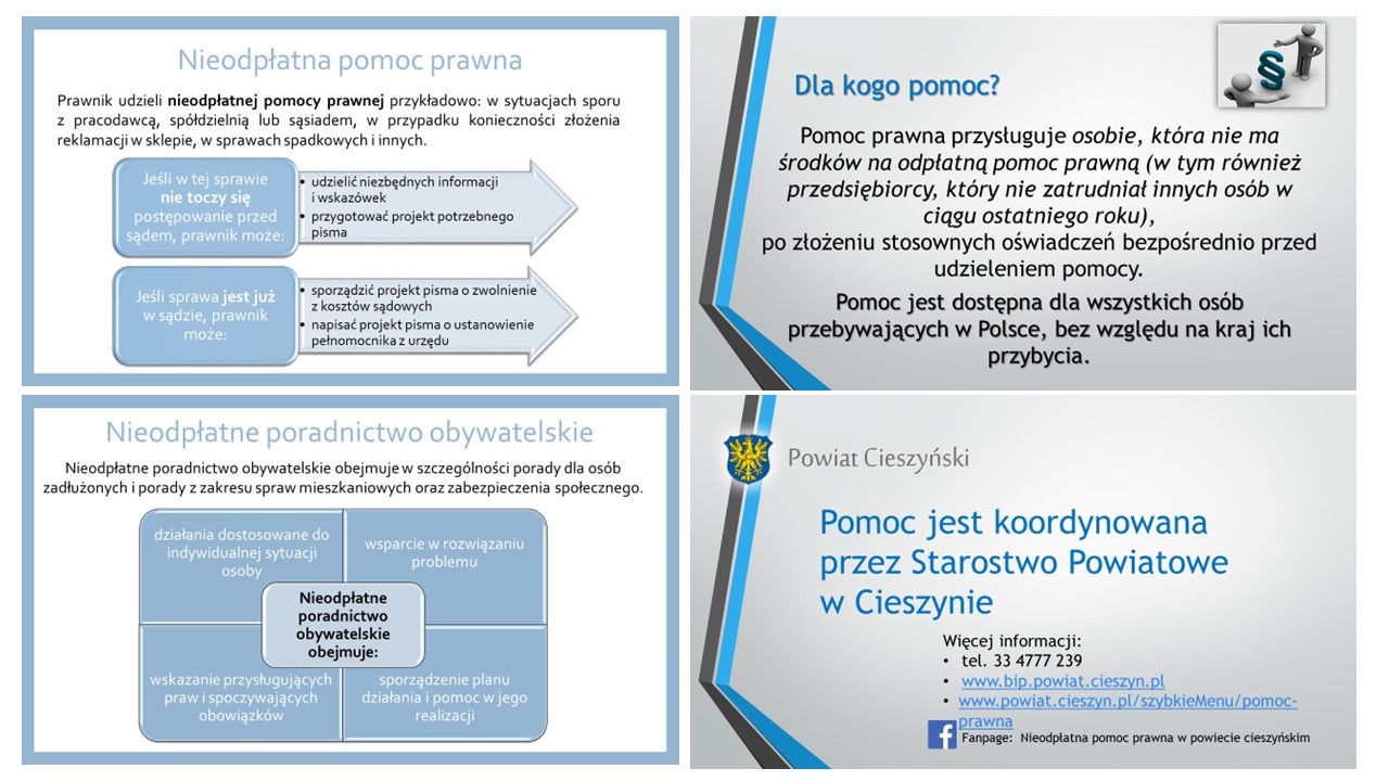 Infografika nieodpłatnej pomocy prawnej, zawarte w niej informacje można znaleźć w formie tekstowej w linkach powyżej.