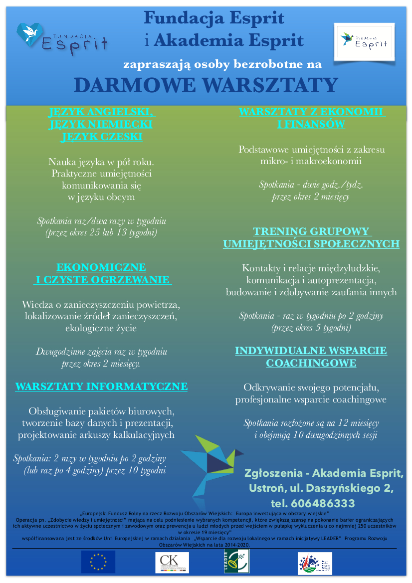 fundacja esprit i akademia esprit zapraszają darmowe warsztaty z języka angielskiego. niemieckiego i czeskiego - spotkania raz lub dwa razy w tygodniu przez okres 25 lub 13 tygodni, warszaty z ekonomii i finansów - spotkania dwie godziny tygodniowo przez okres dwóch miesięcy, ekonomiczne i czyste ogrzewanie - dwugodzinne zajęcia raz w tygodniu przez okres dwóch miesięcy, trening grupowy umiejętności społecznych - spotkania raz w tygodniu po dwie godziny przez okres pięciu tygodni, warsztaty informatyczne - spotkania dwa razy w tygodniu po dwie godziny lub raz po 4 godziny przez 10 tygodni, indywidualne wsparcie coachingowe - spotkania rozłożone są na 12 miesięcy i obejmują 10 dwugodzinnych sesji. Zgłoszenia - Akademia Espirt, ustroń, ul. daszyńskiego 2, telefon 606 486 333