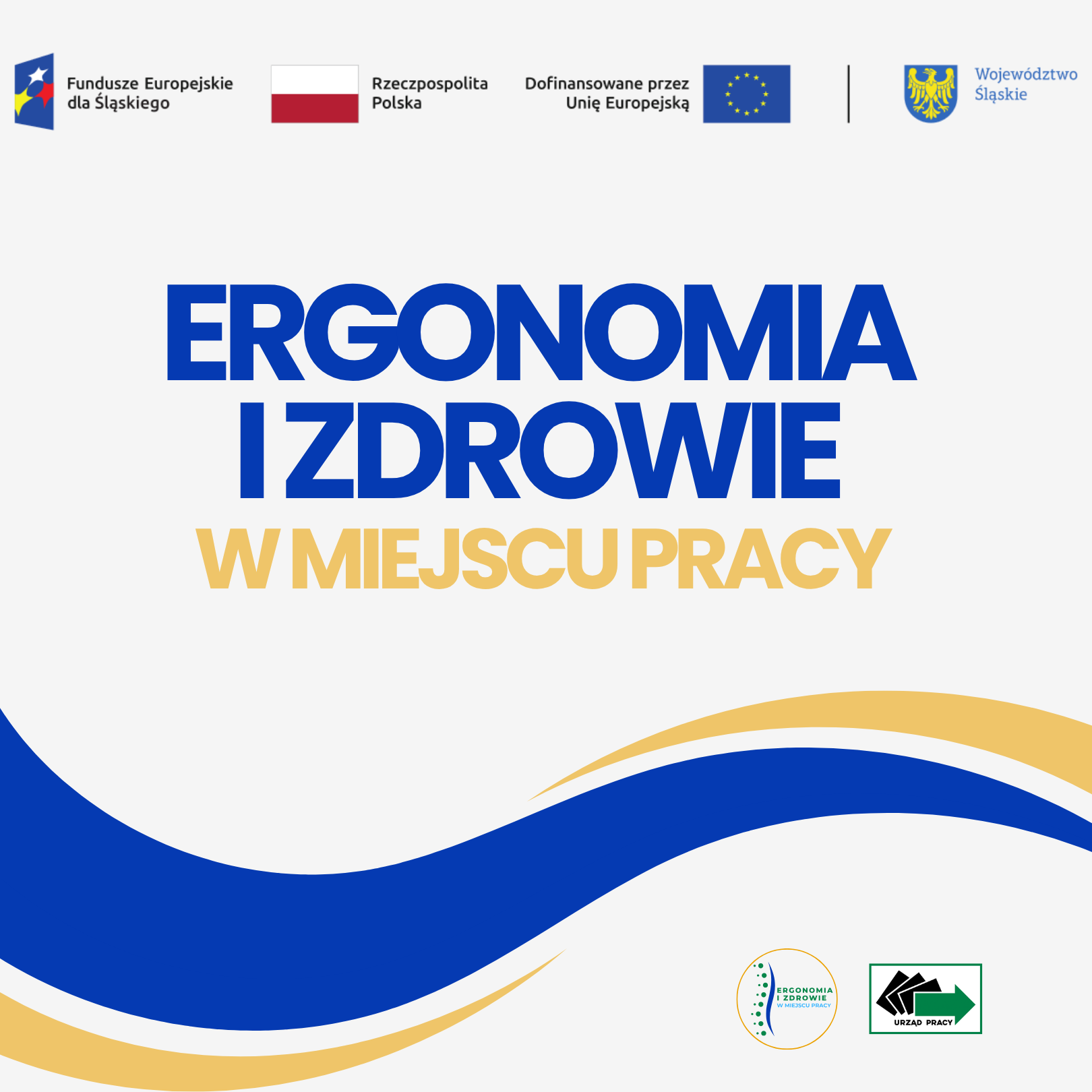U góry loga Fundusze Europejskie dla Śląskiego, Flaga Rzeczpospolitej Polskiej, Flaga Unii Europejskiej, Herb Województwa Śląskiego. Tytuł projektu Ergonomia i zdrowie w miejscu pracy, dofinansowany przez Unię Europejską. W dolnym prawym rogu loga projektu oraz Powiatowego Urzędu Pracy w Cieszynie.