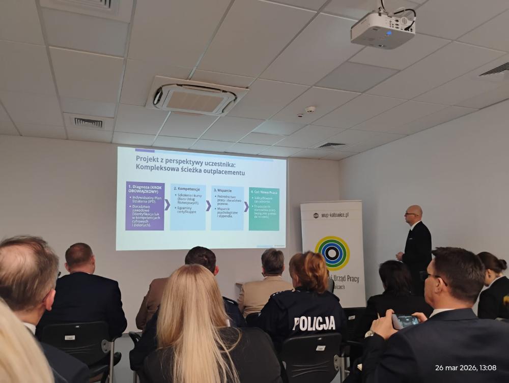 Grupa osób uczestnicząca w spotkaniu informacyjnym, patrząca na wyświetlany slajd dotyczący projektu z perspektywy uczestnika, kompleksowa ścieżka outplacementu.