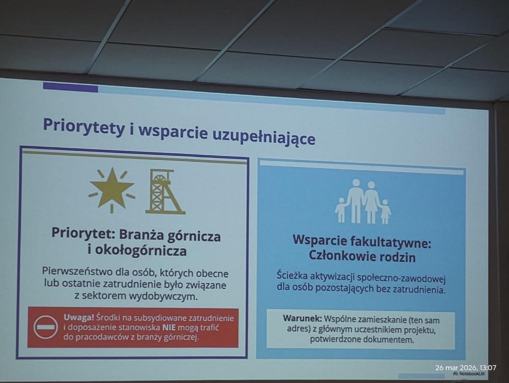 Slajd przedstawiający priorytety i wsparcie uzupełniające. Priorytet dla branży górniczej i okołogórniczej. Wsparcie fakultatywne dla członków rodzin.